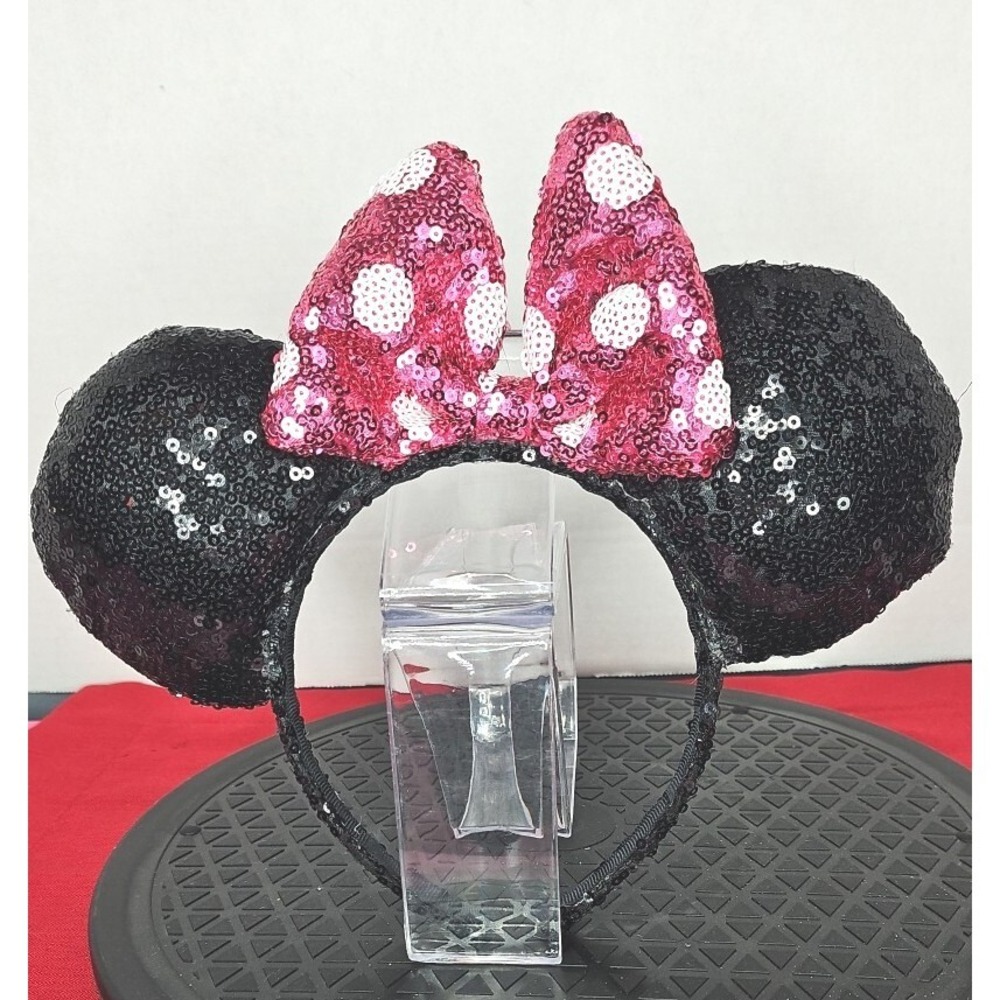 DISNEY MINNIE MOUSE EARS SPARKLY HEADBAND  w/BOW PINK WITH WHITE POLKA DOTS